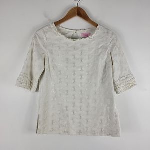 Lilly Pulitzer Embroidered Medallion Dot Ruffle Quarter Sleeve Cotton Blouse